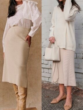 Sezane Cream Beige Naelle Wool Cotton Knit Midi Skirt